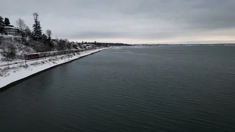 Part 2 - Drone of Winter Railroad with Train (White Rock, BC) Video stock 234569686