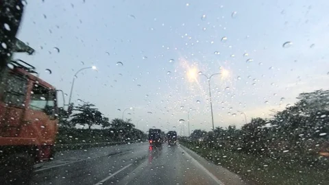 PART 3 Driving Through Trans Java Kanci - Palimanan Toll Road, Heavy Rain Drive Stock Footage 129478529