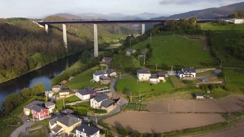 Part 3 - Flying over Cueva village, highway and N-634 road, Asturias, Spain 4K Stock Footage 155591282