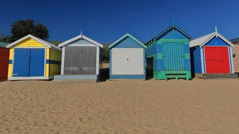 Part of the 82 Victorian bathing boxes on Dendy St.Beach. Brighton-Melbourne-AUS Stock Photos