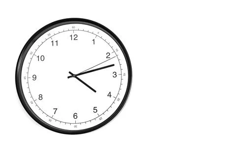 Part of analogue plain wall clock on white wall background. Four o'clock twel Stock Photos