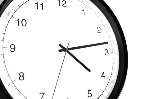 Part of analogue plain wall clock on white wall background. Four o'clock twel Stock Photos