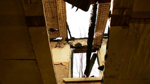 Part of the building after the fire, bottom view, interior Stock Footage 138420189