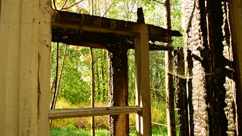 Part of the building after the fire, window close-up Stock Footage 138420184