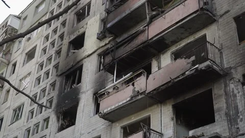Part of a burnt-out house from a shell hit Stock Footage 183953584