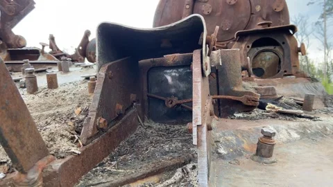 Part of a burnt Russian tank, muzzle. Detail of iron on a rusty armored car Stock Footage 241145983