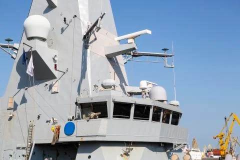 Part of a combat ship, battleship. Captain's bridge, missile launch system, a Stock Photos