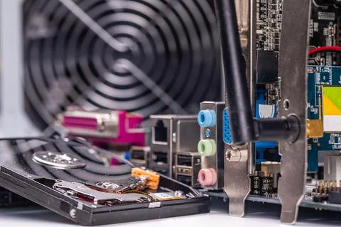 Part of computer circuit board with components on the background of defocused 스톡 사진