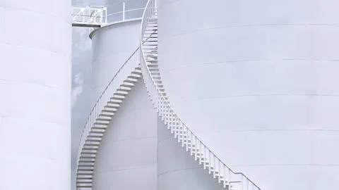 Part of curve spiral staircase on white storage fuel tanks Stock Photos