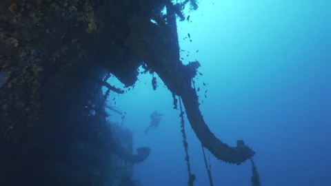 Part of the deck of the Nasim shipwreck with Cromis chromis and diver, Giannutri Stock Footage 225299691
