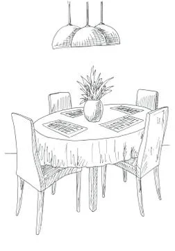 Part of the dining room. Round table and chairs. Illustrazione stock