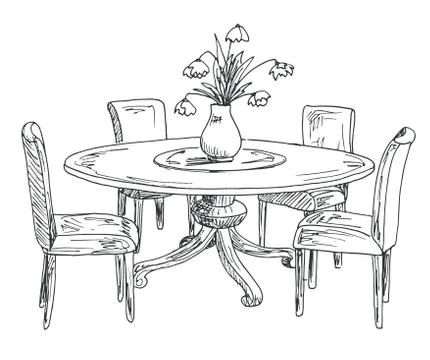Part of the dining room. Round table and chairs. Stock Illustration
