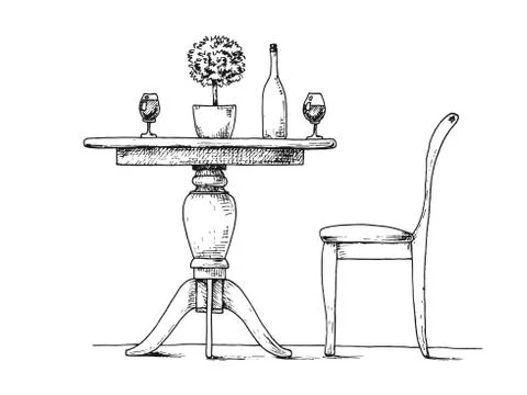 Part of the dining room. Round table and chairs.On the table vase of flowers. Stock Illustration