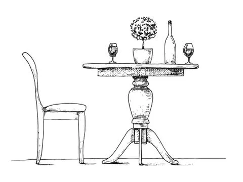 Part of the dining room. Round table and chairs.On the table vase of flowers. Illustrazione stock