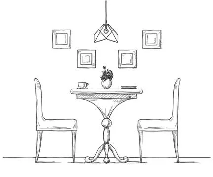 Part of the dining room. Round table and chairs.On the table vase of flowers. Stock Illustration