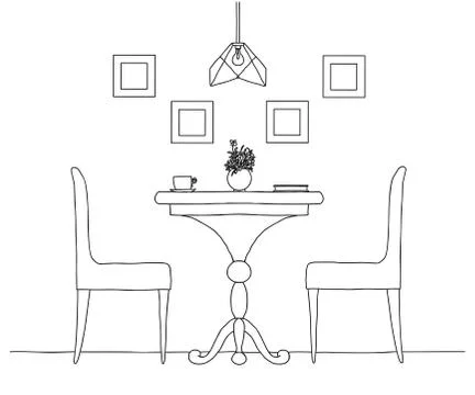 Part of the dining room. Round table and chairs.On the table vase of flowers. Stock Illustration
