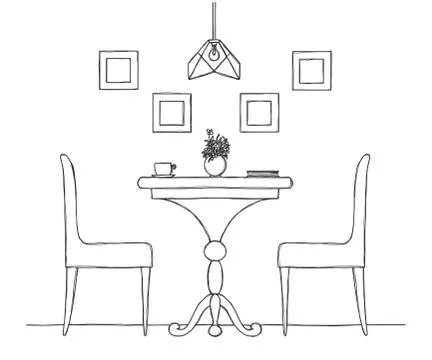 Part of the dining room. Round table and chairs.On the table vase of flowers. Stock Illustration