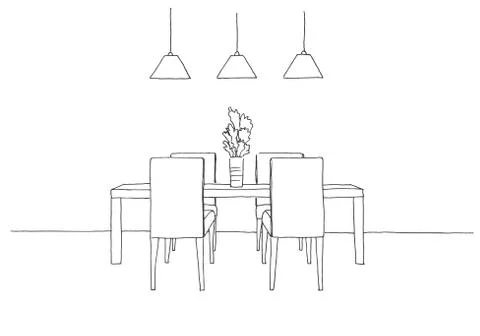 Part of the dining room. Table and chairs.On the table vase of flowers. Stock Illustration