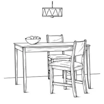 Part of the dining room. Table and chairs. Hand drawn sketch. Vector Stock Illustration