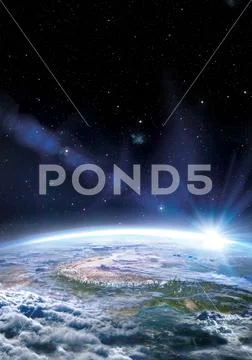 Part of Earth seen from space with lens flare sun and space Stock Photos