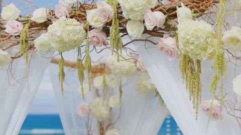 Part of the festive decor of wedding arch with beautiful flowers and white Stock Footage 101118651