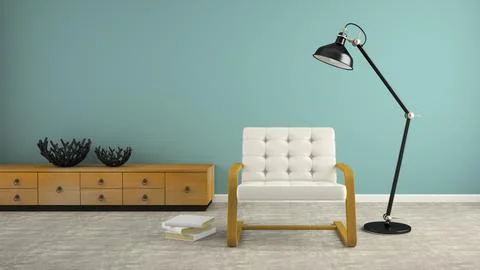 Part of interior with black lamp and white armchair 3D rendering Stock Illustration