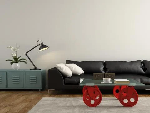 Part of  interior with black sofa 3D rendering Stock Illustration