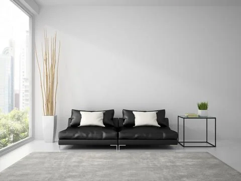 Part of interior with black sofa and white pillows 3D rendering イラスト素材