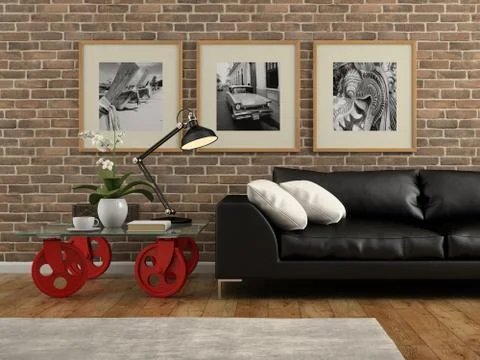 Part of  interior with brick wall 3D rendering Stock Illustration