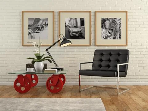 Part of  interior with brick wall and armchair 3D rendering Stock Illustration