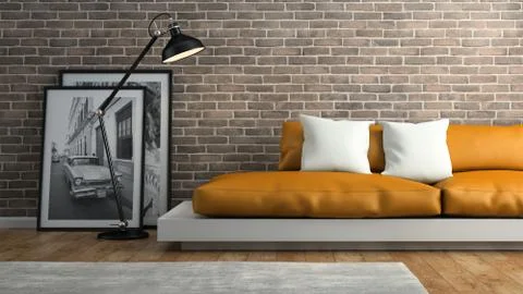 Part of  interior with brick wall and orange sofa 3D rendering Stock Illustration