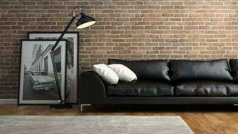 Part of  interior with brick wall and black sofa 3D rendering Stock Illustration