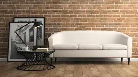 Part of  interior with brick wall and white sofa 3D rendering Stock Illustration