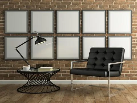 Part of  interior with brick wall and black armchair 3D rendering Stock Illustration