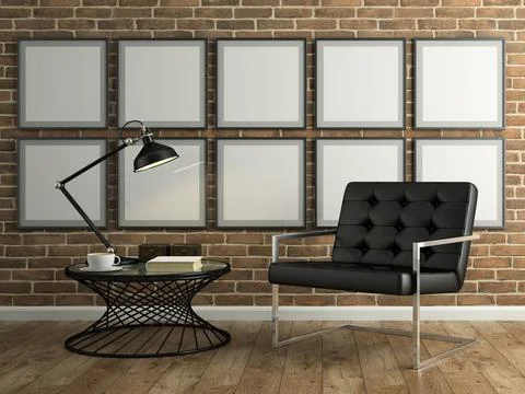 Part of interior with brick wall and black armchair 3D rendering Stock Illustration