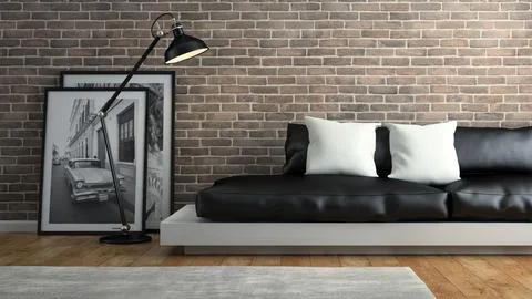 Part of interior with brick wall and black sofa 3D rendering 3 イラスト素材