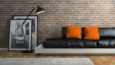 Part of interior with brick wall and black sofa 3D rendering 2 イラスト素材