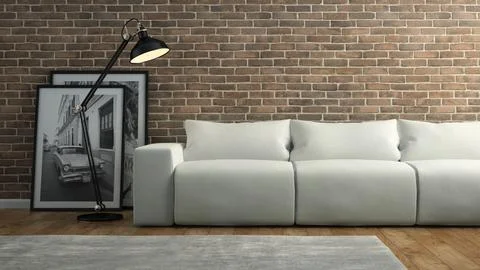 Part of interior with brick wall and white sofa 3D rendering 2 イラスト素材