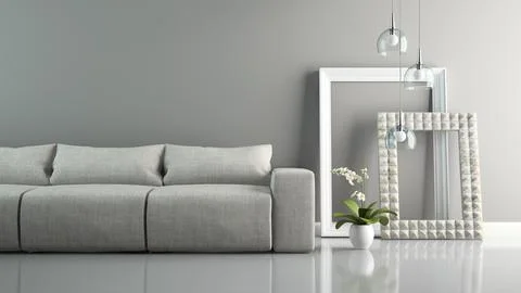 Part of interior with grey sofa and stylish frames 3D rendering イラスト素材