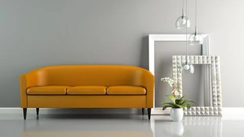 Part of  interior with orange sofa and stylish frames 3D rendering Illustrazione stock