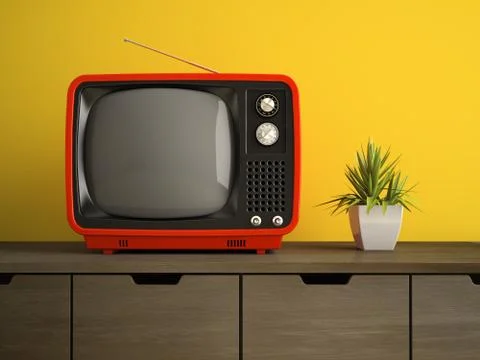 Part of interior with red retro TV 3D rendering Stock Illustration