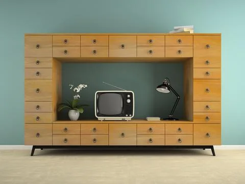 Part of interior with retro consol and tv 3D rendering Stock Illustration