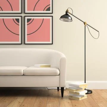Part of interior with sofa, lamp and books 3D rendering Stock Illustration