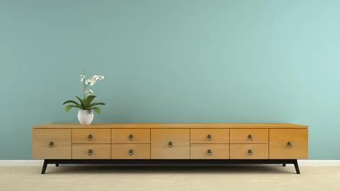 Part of interior with stylish retro consol and orchid 3D rendering Stock Illustration