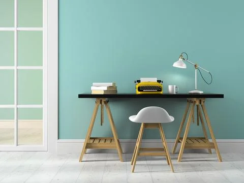 Part of interior with table and typewriter 3D rendering Illustration