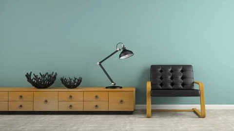 Part of  interior with two black vases and armchair 3D rendering Illustrazione stock