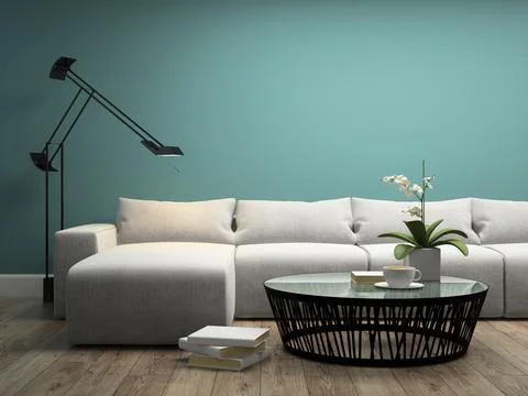Part of interior with white sofa and orchid 3d rendering Stock Illustration