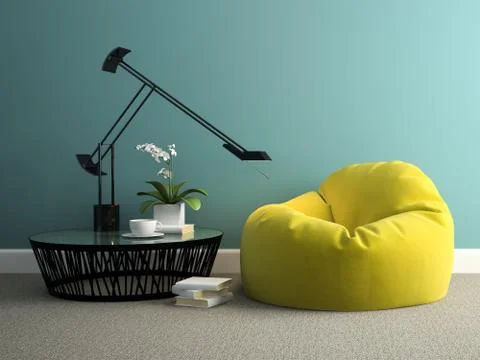 Part of interior with yellow beanbag 3d rendering Stock Illustration