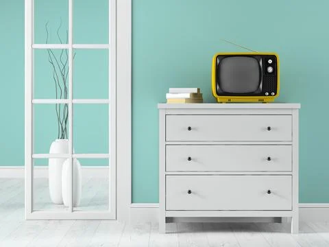 Part of interior with yellow TV 3D rendering Stock Illustration