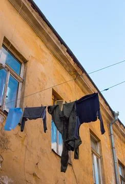 A part of old building facade of typical houses in Odessa old town city cente Stock Photos